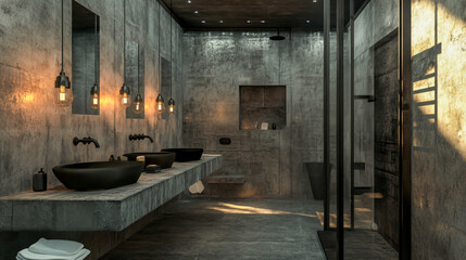 An industrial-chic bathroom featuring raw concrete surfaces, sleek black matte fixtures, and warm Edison bulb lighting for an urban aesthetic