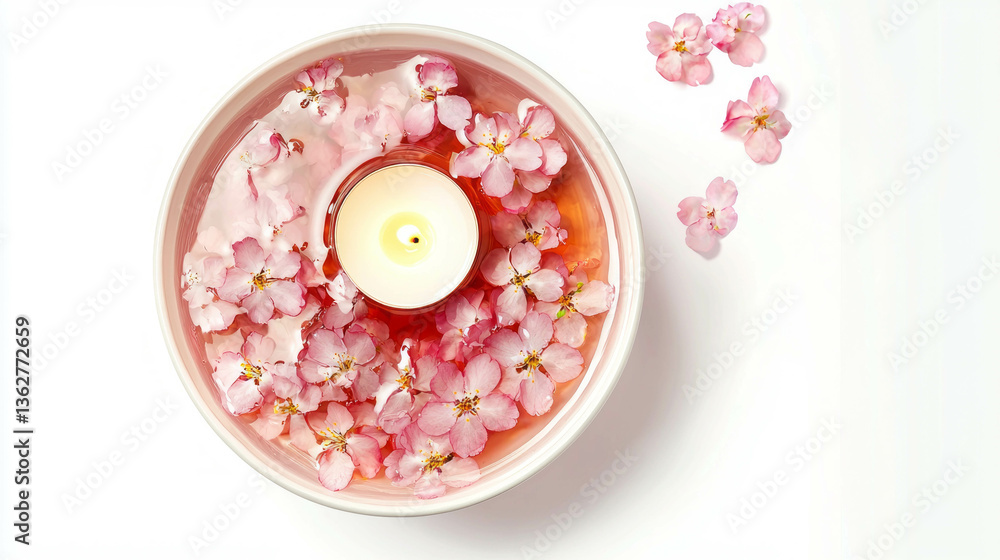 Poster tranquil sakura petals floating with candle in water for aromatherapy and relaxation
