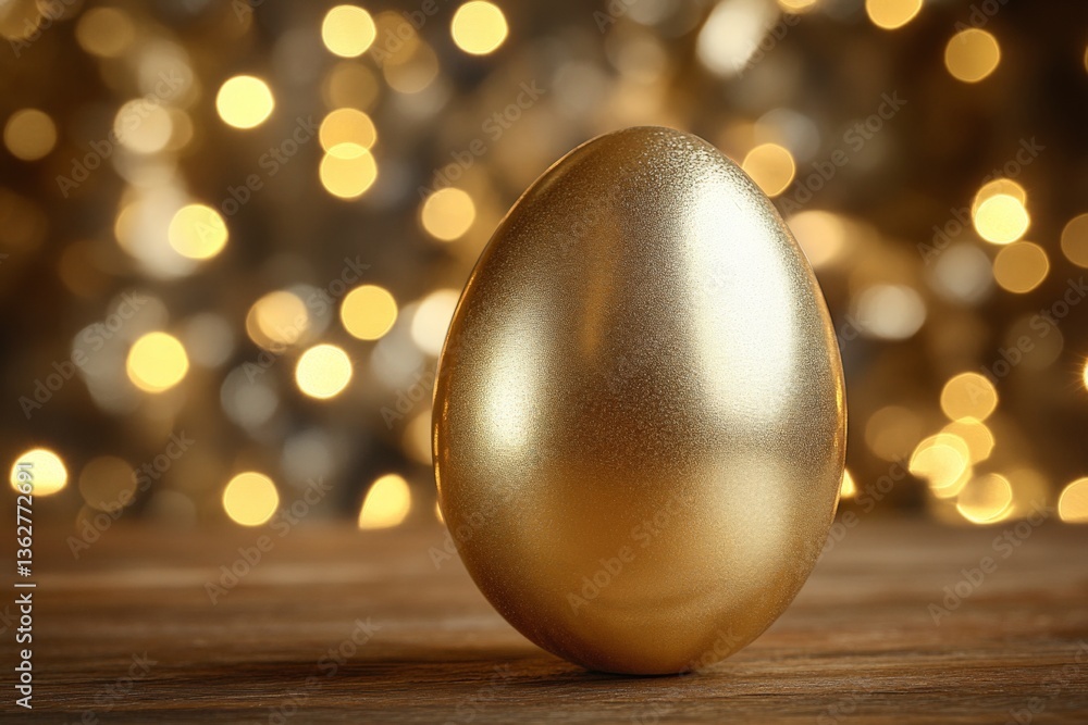 Poster golden egg displayed on a wooden surface with blurred festive lights in the background during a cele