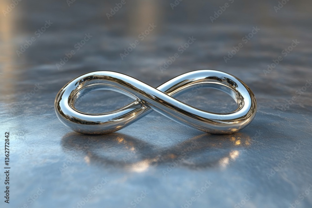 Poster metal infinity symbol resting on a reflective surface, showcasing its smooth curves and shine in war