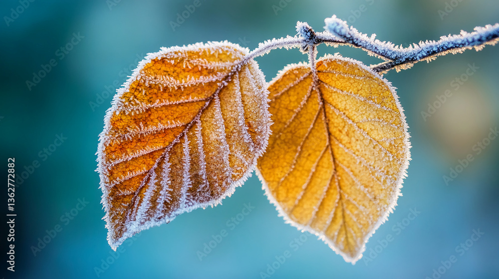 Poster close-up of two frost-covered autumn leaves on a branch, exhibiting intricate texture and delicate d