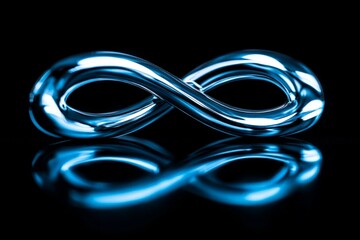Fototapeta premium Stylish blue infinity symbol reflecting on a glossy black surface in an artistic display of modern design