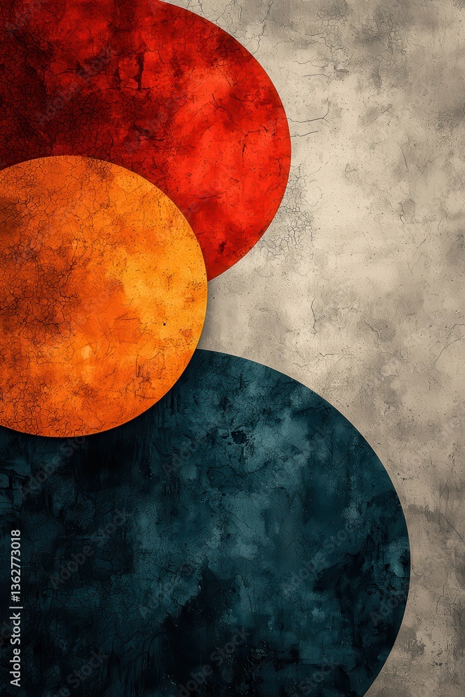 Poster minimalist abstract artwork with colorful round shapes and textured background