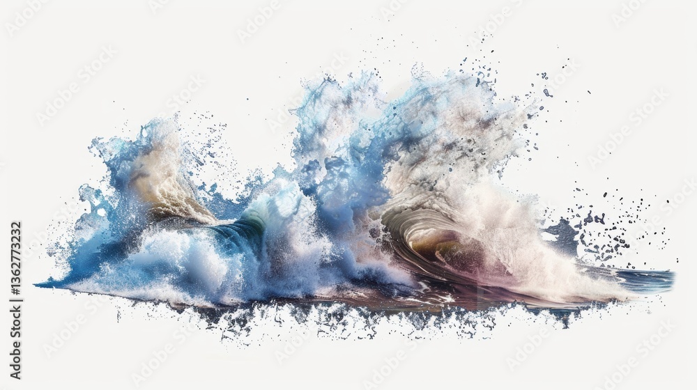 Poster dynamic waves breaking with colorful splashes and artful texture