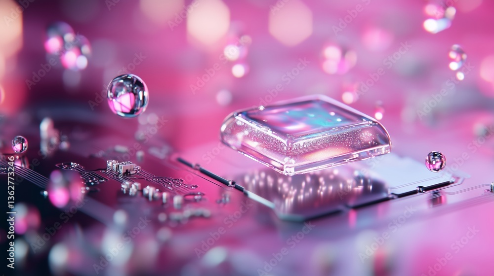 Poster close-up view of a futuristic microchip surrounded by shimmering droplets and vibrant colors in a te
