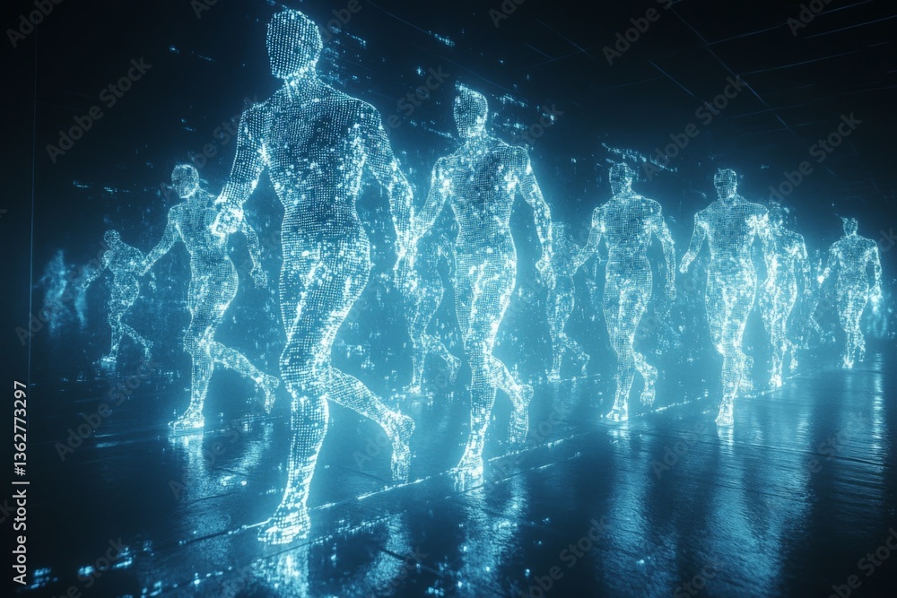 Leinwandbilder digital representation of people walking in a futuristic environment with glowing figures in motion