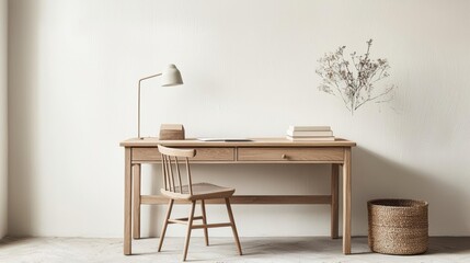 Scandinavianinspired minimalist wooden study, light oak furniture, soft neutral tones, and clean lines