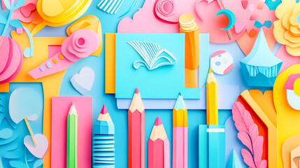Back to School Papercut Poster Featuring School Supplies, Books, Pencils, and Creative Elements