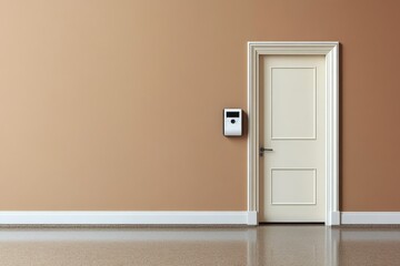 White door with mailbox on a light brown wall in a spacious interior room during daytime