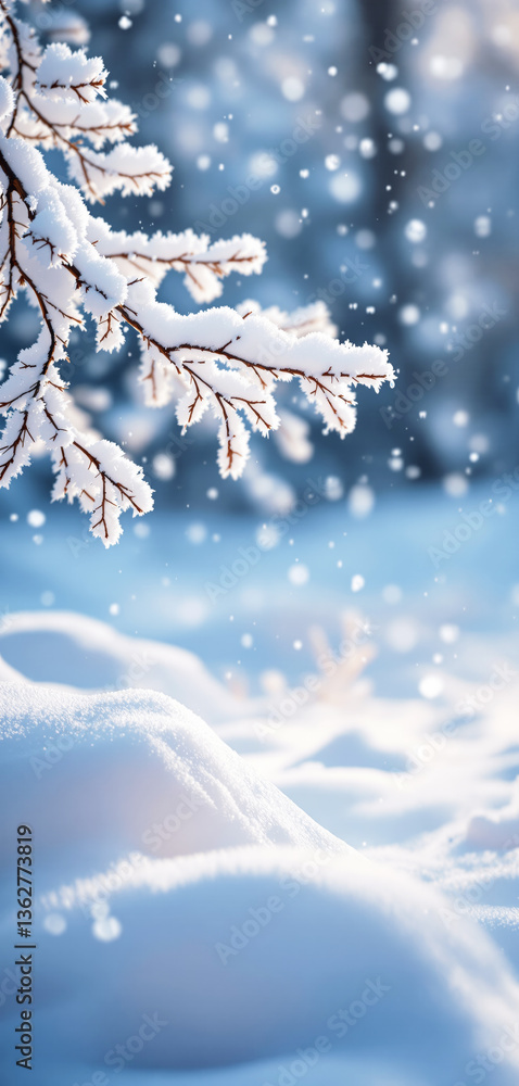 Aufkleber snow-covered tree branches with falling snowflakes on a bright winter landscape background. soft foc