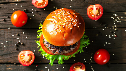 top view of  a beef burger sandwich on wooden table