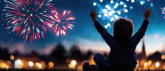 Silhouetted person with arms raised in excitement watching a vibrant colorful fireworks display lighting up the night sky at a lively celebratory holiday gathering