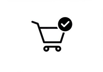 A black shopping cart icon with a check mark inside a circle on a white background simple design
