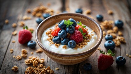 Delicious yogurt bowl topped with fresh berries and granola served on a rustic wooden table