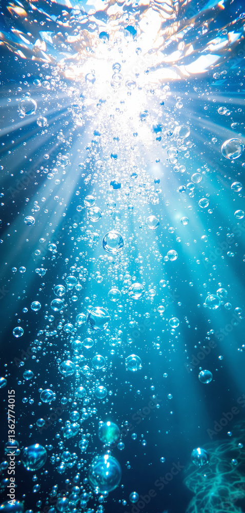 Poster underwater bubbles rising towards sunlight, creating a bright and refreshing background. ideal for a