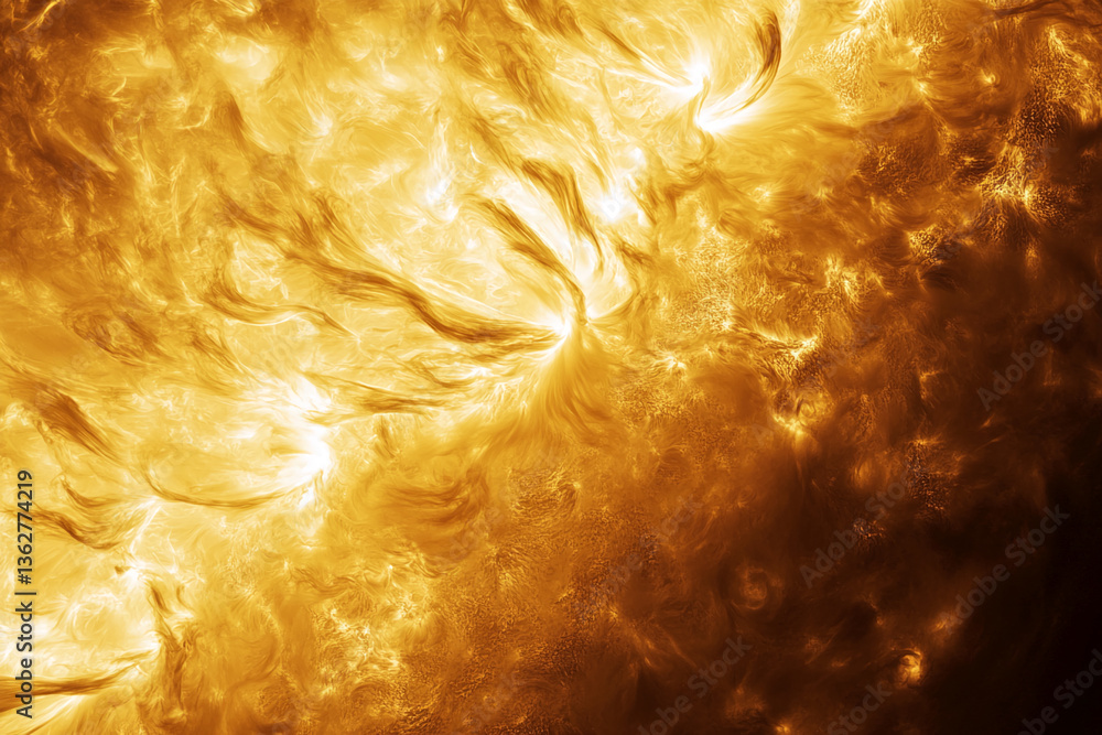 Poster abstract image of golden and orange swirling textures, resembling solar flares or cosmic energy, sho