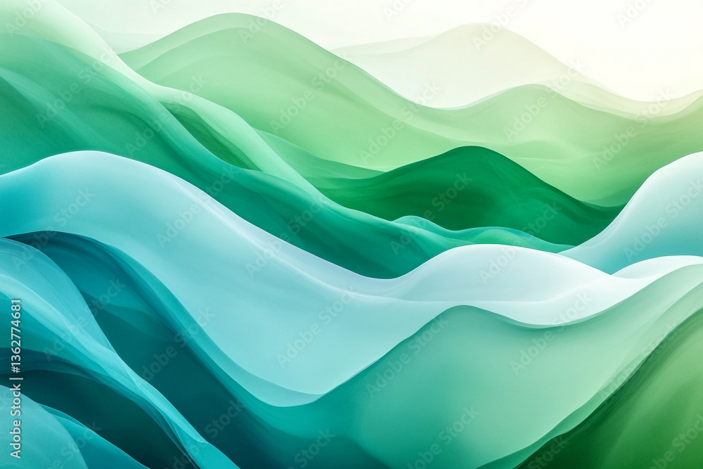 Poster abstract flowing waves in shades of green and blue creating a serene and calming visual effect
