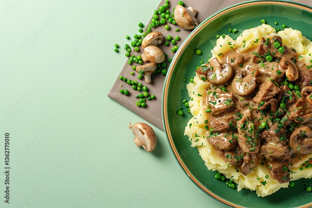 Poster a close-up of beef stroganoff on a dish with mashed potatoes on a light green backdrop with textual 