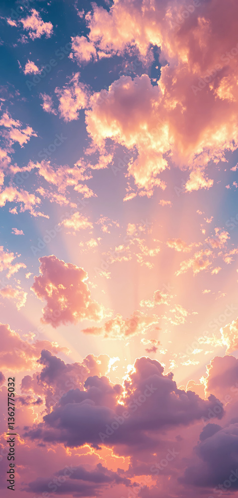 Poster beautiful sky with soft glowing clouds in warm sunlight, creating a dreamy background. perfect for p