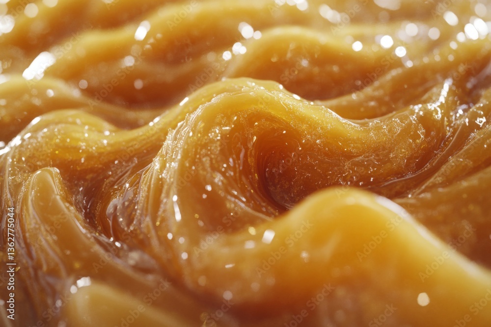 Poster delicious golden syrup flowing in smooth waves, showcasing a rich texture and sticky surface