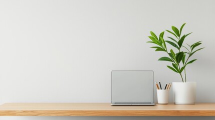 Fototapeta premium Warmtoned wooden desk in a minimalist home office, sleek design with natural textures