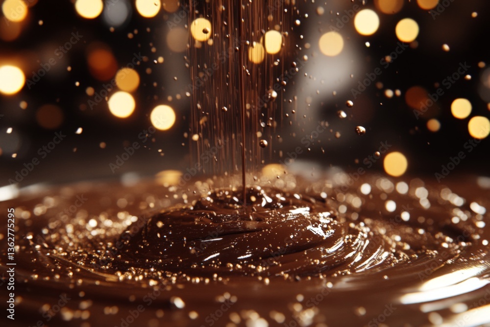 Poster rich chocolate pouring into a smooth, glossy surface with shimmering effects and warm, golden bokeh 