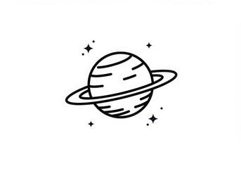 Obraz premium A simple black and white line drawing of a planet with rings and small stars on a white background
