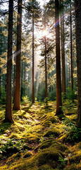 Obraz premium Sunlight streams through tall pine trees in a vibrant forest with moss-covered ground, creating a serene natural landscape. Perfect for phone wallpaper. Ai generative
