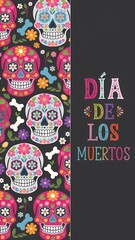 Obraz premium Día de los Muertos celebration with a vibrant dark background featuring multiple colorful skulls in pink blue and orange decorated with flowers bones and festive elements with text on the right side