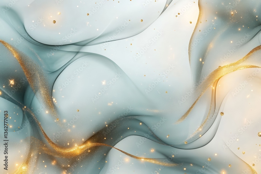 Poster flowing abstract design with soft waves and sparkling details in shades of teal and gold