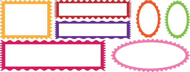 Scalloped edged frame, Zigzag wavy edges, rectangles, photo frames, text boxes, tags, labels. Color squiggle frames set. Wavy edges round and square frames set. retro scallop frames.