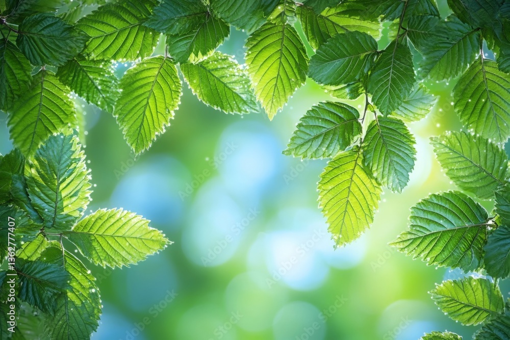 Poster bright green leaves frame a tranquil setting in a sunlit forest during springtime