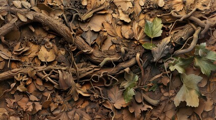 Natural Textures of Dry Leaves and Twisting Branches on Ground Surface