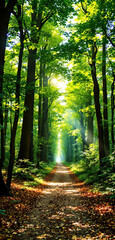 Obraz premium A bright forest landscape with a sunlit path covered in fallen leaves, surrounded by lush green trees. Ideal for phone screen wallpaper. Ai generative