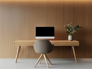 Minimalist wooden study with builtin storage, warm lighting, and modern luxury design