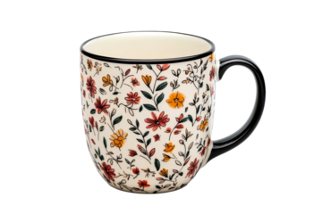 Decorative floral mug with black trim on transparent background