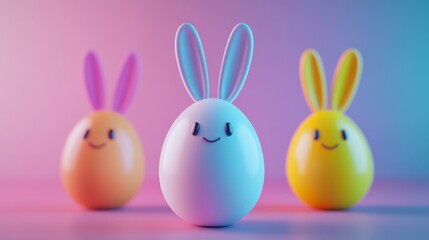 Fototapeta premium Cute smiling cartoon egg with bunny ears posing on a bokeh background 