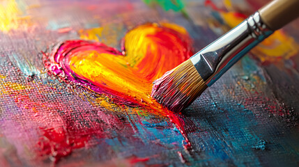 Obraz premium Close-up of an artist's palette with a paintbrush, creating heart-shaped strokes on a canvas.