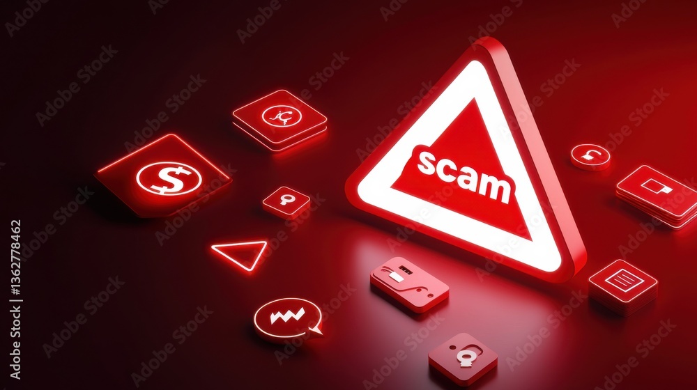 Poster glowing red warning symbols and icons representing the threat of scams fraud and cybersecurity vulne