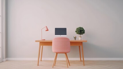 Modern wooden study room with a floating walnut desk, soft grey walls, and minimal decor