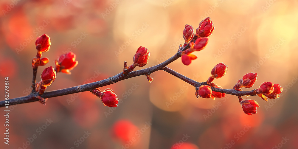 Poster close-up of a branch with red flower buds, illuminated by warm light, showcasing spring awakening an