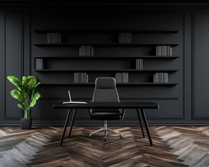 Dark wood and stoneaccented study, elegant contrast with a minimalist luxury aesthetic