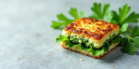 A Delicious Baked Spinach and Cheese Sandwich on a Light Grey Surface with Fresh Parsley Garnish