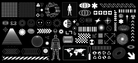 Collection of new retro futuristic elements for design. 3d shapes, wireframes, cyberpunk and, brutalist, y2k acid elements 