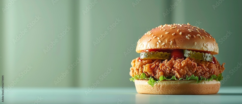 Poster an in-depth view of a pale green setting depicting a crispy fried chicken sandwich over a bun with p