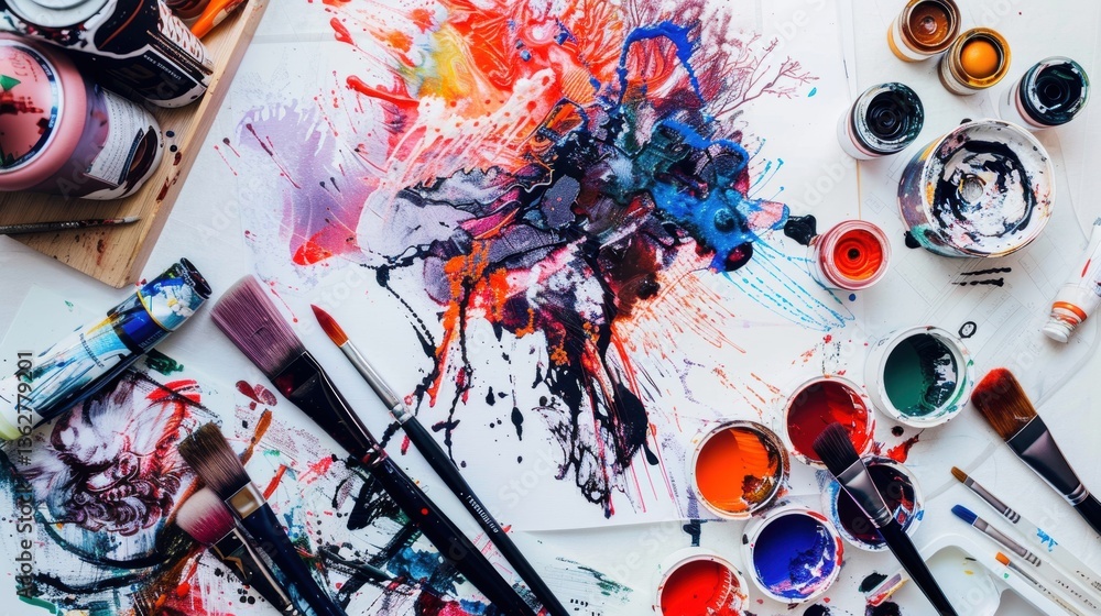 Poster colorful abstract art with paint splashes and brushes on table