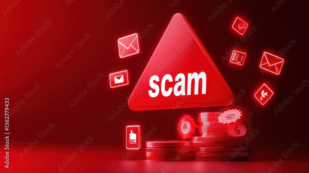 Poster a red triangular warning sign with the word scam prominently displayed surrounded by various digital