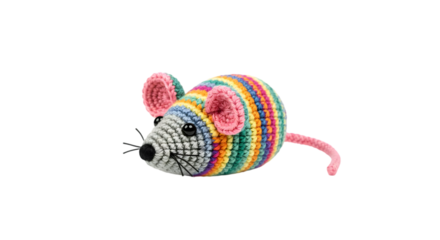 Colorful Crochet Mouse Toy with Bright Stripes, Soft Yarn Texture, Playful Design, Suitable for Kids and Pet Fun, Ideal for Crafting and Gift Ideas