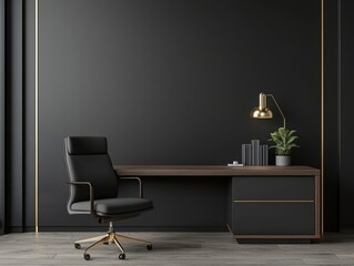 Dark walnut study room with golden accent lighting, sleek minimalist elegance