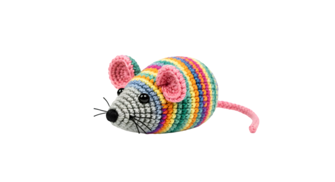 Colorful Crochet Mouse Toy with Bright Stripes, Soft Yarn Texture, Playful Design, Suitable for Kids and Pet Fun, Ideal for Crafting and Gift Ideas